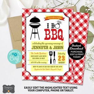 May include: Red and white checkered background with a yellow and white invitation for a couples' I Do BBQ. The invitation features a black silhouette of a grill and a diamond ring. The text reads "Join us for a couples I Do BBQ celebrating the upcoming marriage of Jennifer & Jason. The Smith Residence 2222 Sandy Lane Drive San Diego, CA 92117 Saturday 23 August at 6:00 in the evening RSVP to Jane at 222-222-2222 by Aug. 16th Registered at Bed Bath & Beyond & Target. Instant Download Purchase, Edit & Print Today!"
