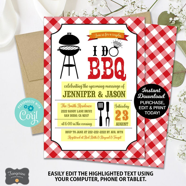 May include: Red and white checkered background with a yellow and white invitation for a couples' I Do BBQ. The invitation features a black silhouette of a grill and a diamond ring. The text reads "Join us for a couples I Do BBQ celebrating the upcoming marriage of Jennifer & Jason. The Smith Residence 2222 Sandy Lane Drive San Diego, CA 92117 Saturday 23 August at 6:00 in the evening RSVP to Jane at 222-222-2222 by Aug. 16th Registered at Bed Bath & Beyond & Target. Instant Download Purchase, Edit & Print Today!"