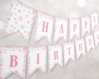 Winter Onederland Happy Birthday Banner Editable, Winter Wonderland First Birthday Bunting Snowflake Girl Party Corjl Template 0006