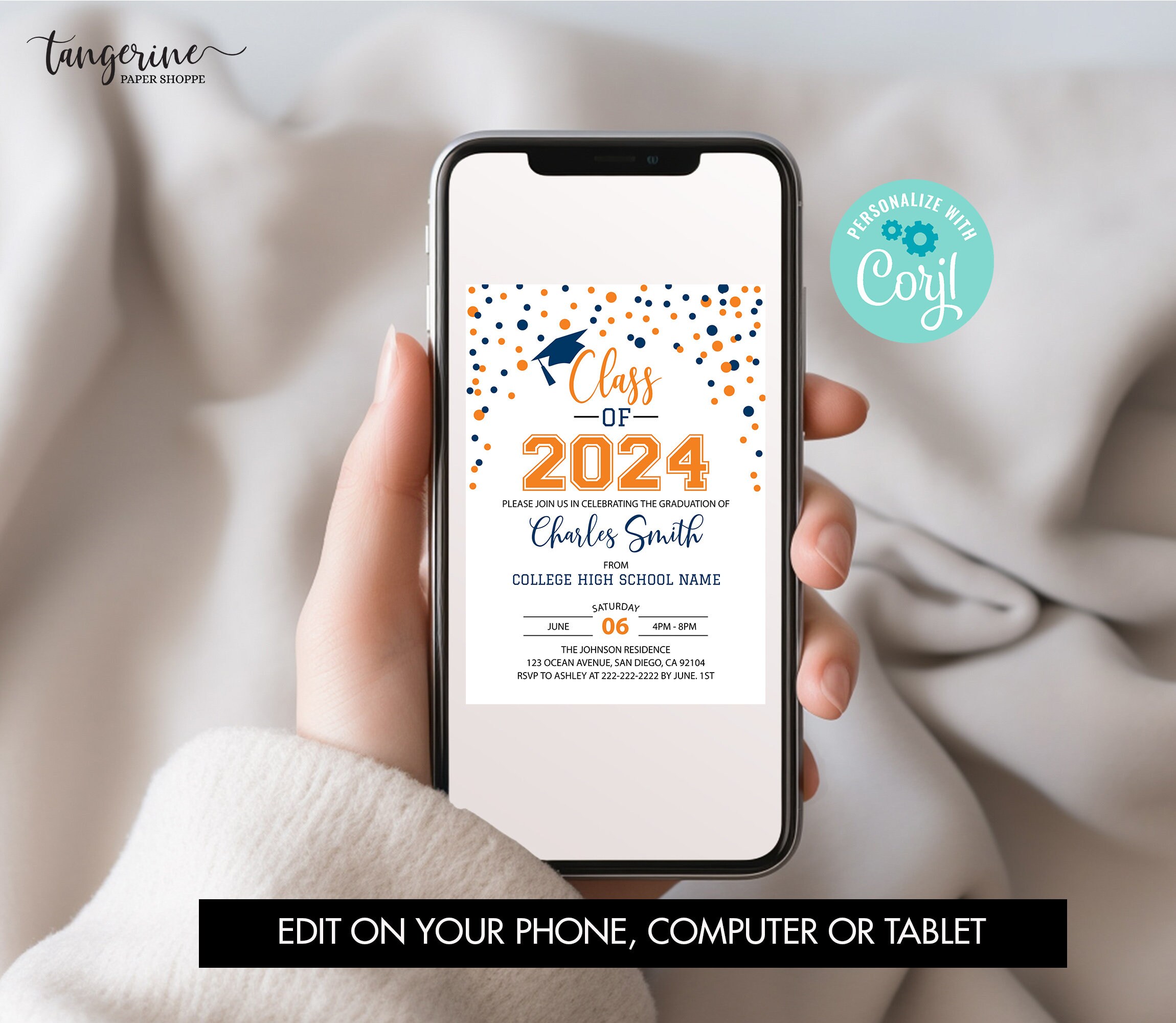 Editable Graduation Invitation, Class of 2026 Announcement, Blue Orange ...