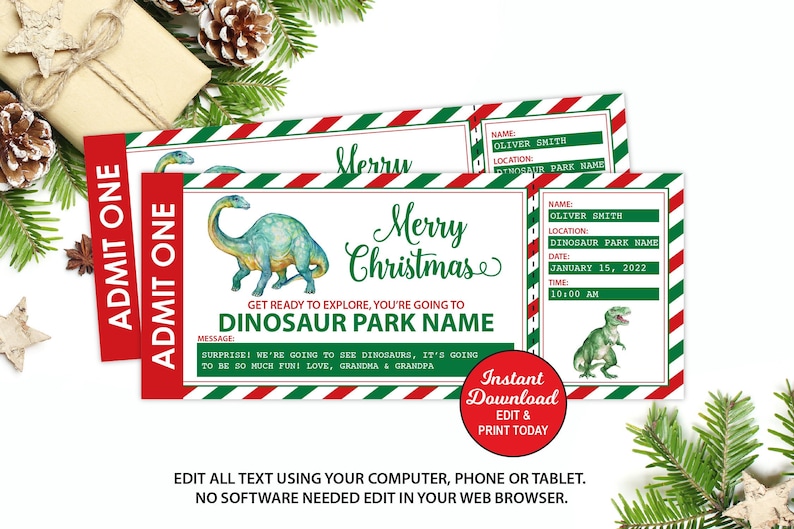 Peut inclure: Billet d'entr&eacute;e de No&euml;l rouge et vert imprimable avec une illustration de dinosaure. Le billet indique "Joyeux No&euml;l" et "Pr&eacute;parez-vous &agrave; explorer, vous allez au Dinosaur Park Name".