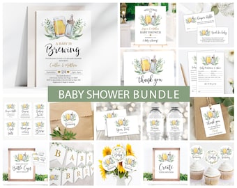 May include: A baby shower bundle with a beer and bottle theme. The bundle includes invitations, thank you cards, bottle cap favors, cupcake toppers, and more. The design features a watercolor illustration of a beer bottle and a baby bottle with green leaves.