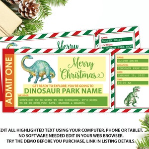 Peut inclure: Un billet de No&euml;l imprimable pour une visite au parc des dinosaures. Le billet est rouge, vert et blanc avec une illustration de dinosaure. Le texte indique "Joyeux No&euml;l" et "Pr&eacute;parez-vous &agrave; explorer, vous allez au parc des dinosaures".