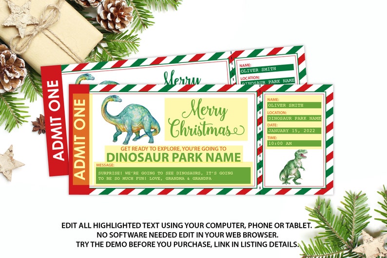 Peut inclure: Un billet de No&euml;l imprimable pour une visite au parc des dinosaures. Le billet est rouge, vert et blanc avec une illustration de dinosaure. Le texte indique "Joyeux No&euml;l" et "Pr&eacute;parez-vous &agrave; explorer, vous allez au parc des dinosaures".