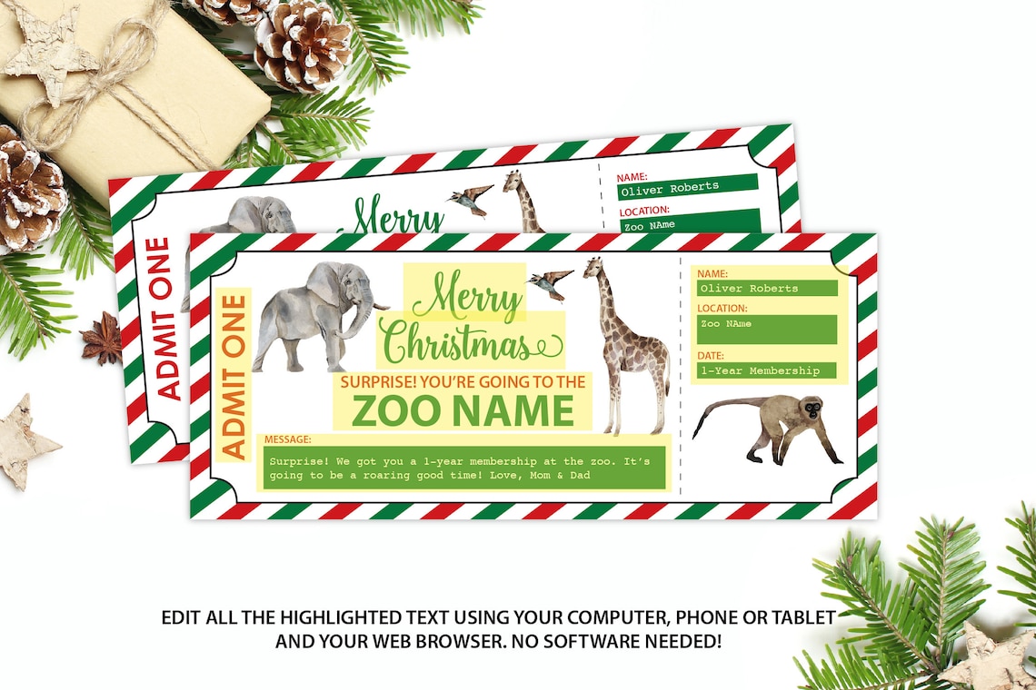 Zoo Ticket Zoo Membership Christmas Gift Editable Zoo Etsy