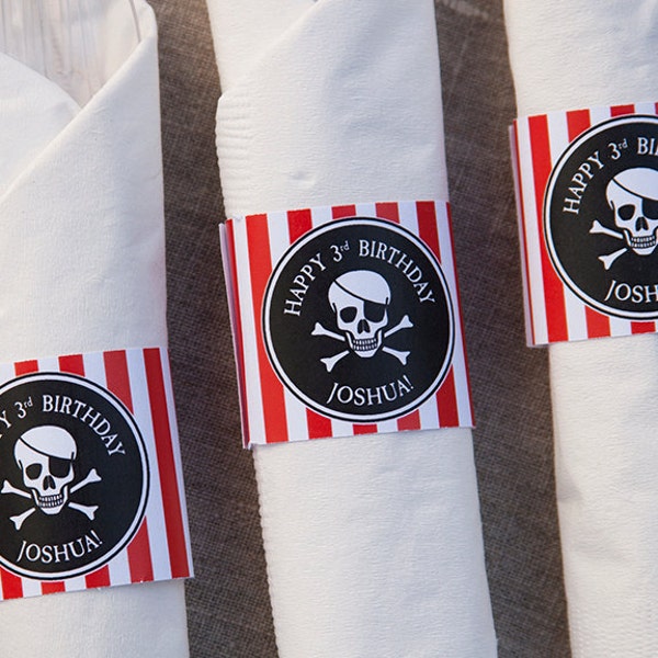 Pirate Birthday Napkin Rings - Red, Black & White - PERSONALIZED - Printable