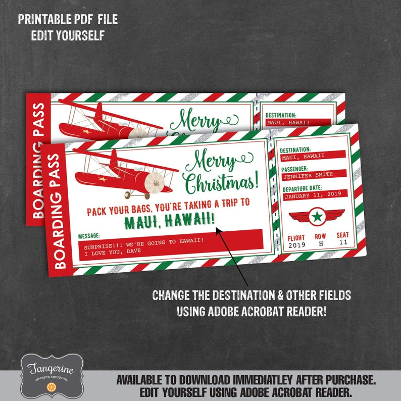 Christmas Surprise Trip Ticket Airplane Ticket Printable Christmas Surprise Trip Ticket Airplane Ticket Printable