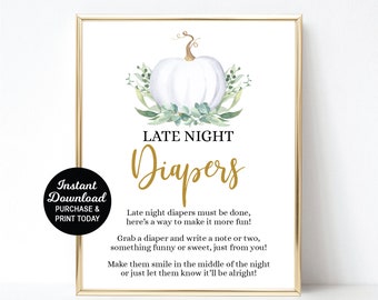 Late Night Diapers, Pumpkin Late Night Diaper Sign, Diaper Messages, Diaper Thoughts, Greenery Baby Shower Games, Pumpkin Coed Shower Games