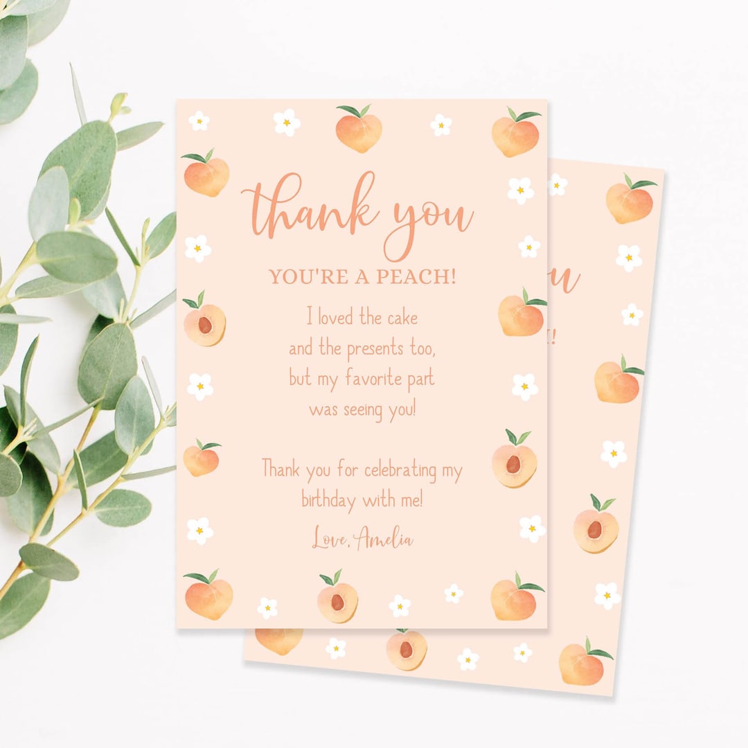 Editable Peach Thank You Card, Sweet Peach First Birthday Party Thank ...