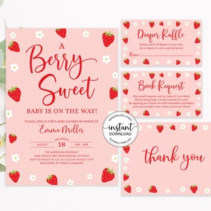 Editable Strawberry Baby Shower Invitation Bundle, Berry Sweet Baby Invite Package Diaper Raffle Insert Book Request Thank You Card Template
