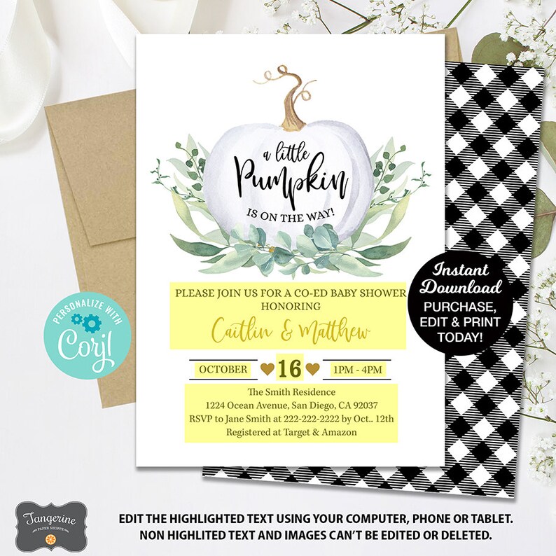 White Pumpkin Baby Shower Invitation, Fall Baby Shower, Little Pumpkin, Greenery Baby Shower Invitation, Plaid, Editable Invitation image 2