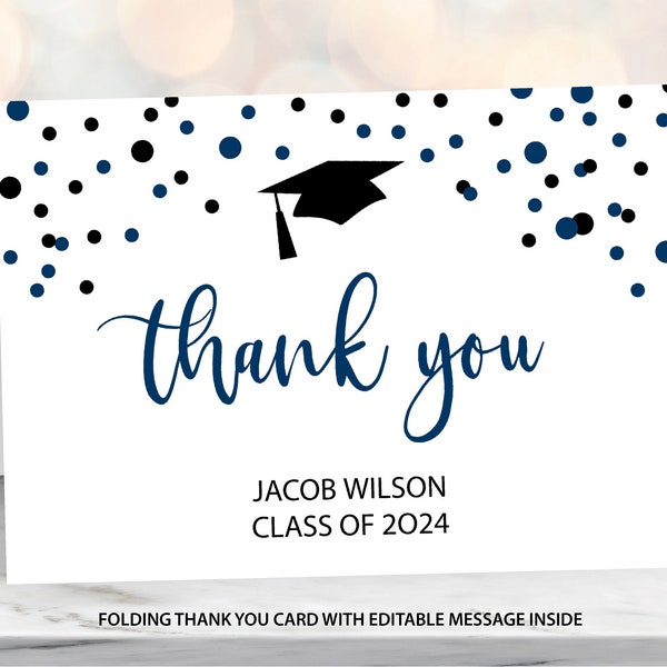 Editable Graduation Thank You Folded Card, Personalized Thank You Note Card, Navy Blue Grad Cap Corjl Template Instant Download