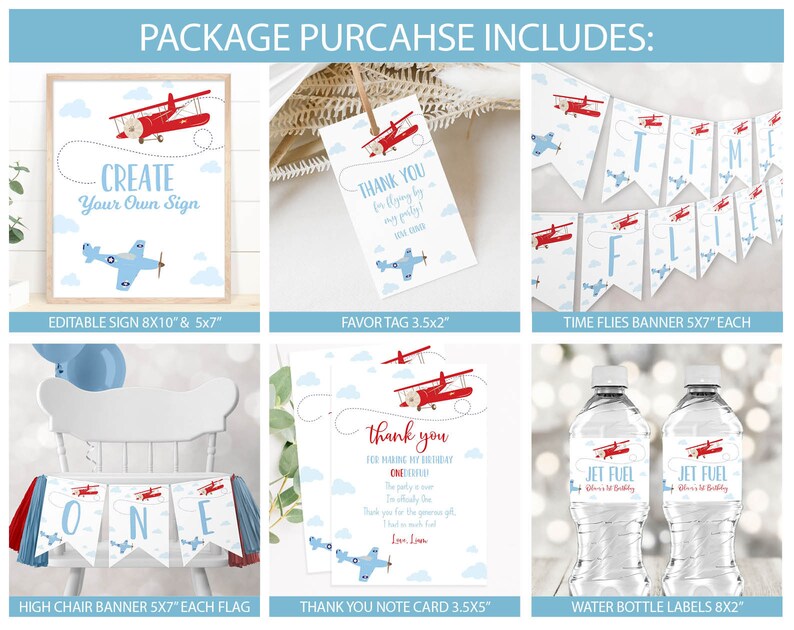 May include: A printable set of airplane-themed party decorations for a first birthday party. The set includes a sign that says "Create Your Own Sign", a banner that says "Time Flies", a high chair banner that says "One", favor tags, thank you cards, and water bottle labels. The decorations are in red, blue, and white.