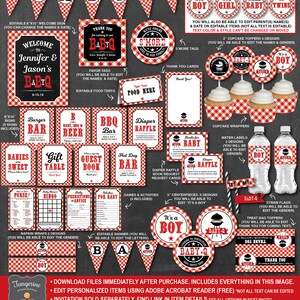May include: Red and white checkered baby shower printable decorations with a barbecue theme. The set includes a banner, welcome sign, cupcake toppers, water bottle labels, favor tags, food tents, and more. The text on the printable says "Baby-Q".