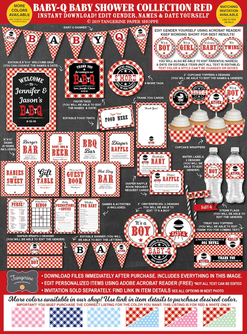 May include: Red and white checkered baby shower printable decorations with a barbecue theme. The set includes a banner, welcome sign, cupcake toppers, water bottle labels, favor tags, food tents, and more. The text on the printable says "Baby-Q".