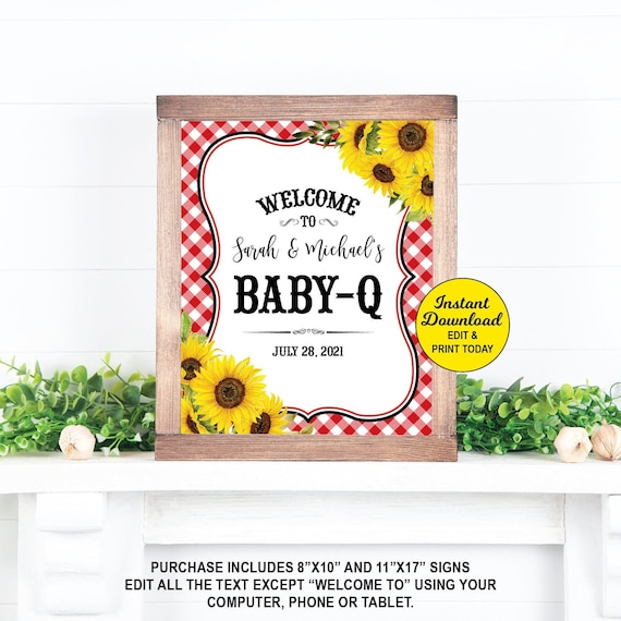 BabyQ Welcome Sign, BBQ Baby Shower Sign, Baby Q Shower Sign, Sunflower, Barbecue Baby Shower Sign, Coed Baby Shower Sign, Printable Sign