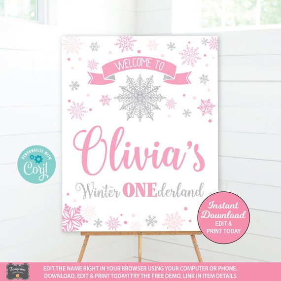 Winter ONEderland Welcome Sign, Printable Welcome sign, Winter ONEderland Birthday Sign, Large Sign, Poster, Pink Silver, INSTANT DOWNLOAD Il_570xn