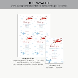 May include: Printable thank you cards for a first birthday party. The cards feature a red airplane with blue accents and the text "Thank you for making my birthday one-derful".