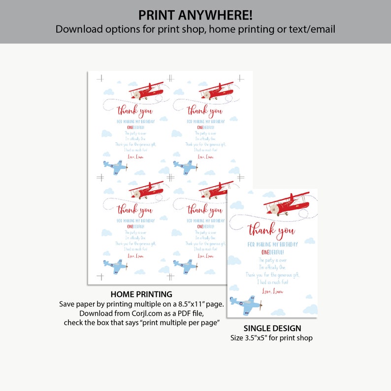 May include: Printable thank you cards for a first birthday party. The cards feature a red airplane with blue accents and the text "Thank you for making my birthday one-derful".