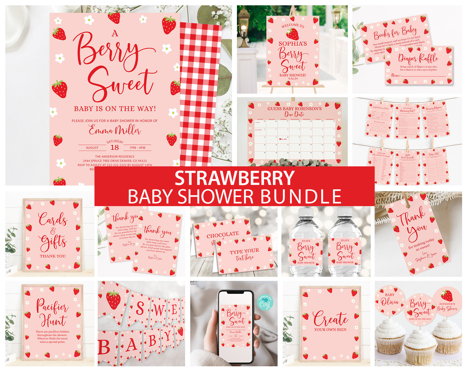 Strawberry Baby Shower Bundle, A Berry Sweet Baby Shower Invitation, Summer Baby Shower, Strawberry Baby Shower Decorations Games Template