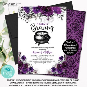 May include: A Halloween-themed baby shower invitation with purple flowers and a cauldron. The text reads "A baby is Brewing" and includes the names Jessica & Matthew, the date and time of the shower, and the location. The invitation also includes a note about registering at Target and Amazon.