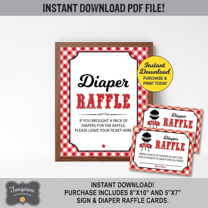 May include: Printable Diaper Raffle sign and cards for a baby shower. The sign is red and white gingham with the text "Diaper Raffle" in red and black. The cards are red and white gingham with the text "Diaper Raffle" in red and black. The cards also have a small image of a grill.