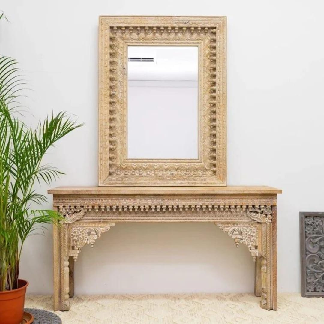 Hand Carved Mango Wood Console Table With Matching Mirror Frame ...