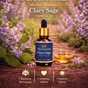 May include: An image of a Clary Sage essential oil bottle with a gold cap, set against a blurred background of purple flowers and greenery. The bottle is labelled "Pure Essential" and "Clary Sage Essential Oil". A small bowl of oil is also visible.