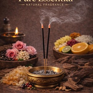 Op de afbeelding: Aromatische wierookstokjes met rook die opstijgt uit een gouden kom, omringd door rozenblaadjes, fruit en natuurlijke geuringredi&euml;nten. De tekst "Pure Essential - Natural Fragrance" en "Purity & Tradition" is inbegrepen.
