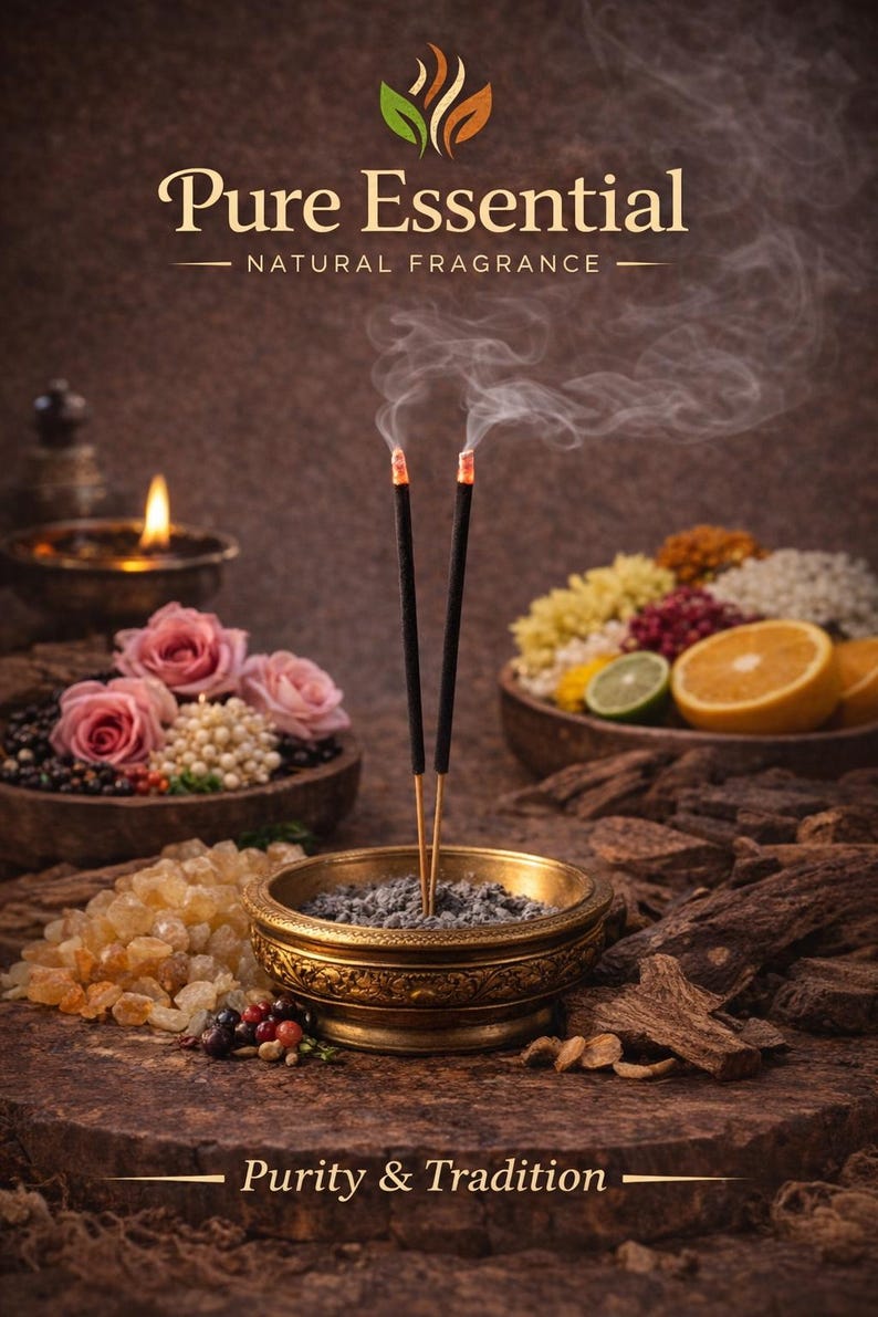 Op de afbeelding: Aromatische wierookstokjes met rook die opstijgt uit een gouden kom, omringd door rozenblaadjes, fruit en natuurlijke geuringredi&euml;nten. De tekst "Pure Essential - Natural Fragrance" en "Purity & Tradition" is inbegrepen.