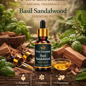 K&ouml;nnte beinhalten: Eine braune Glasflasche mit &auml;therischem &Ouml;l von Pure Essential Basil Sandalwood mit einer Pipette, umgeben von Holzst&uuml;cken und gr&uuml;nen Bl&auml;ttern. Auf dem Etikett steht "Pure Essential Basil Sandalwood Essential Oil". Das Bild enth&auml;lt auch Text mit den Worten "Awakens Sensuality", "Inspires Joy" und "Promotes Intimacy & Harmony".