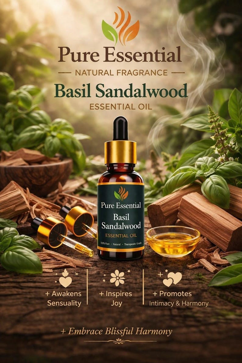 K&ouml;nnte beinhalten: Eine braune Glasflasche mit &auml;therischem &Ouml;l von Pure Essential Basil Sandalwood mit einer Pipette, umgeben von Holzst&uuml;cken und gr&uuml;nen Bl&auml;ttern. Auf dem Etikett steht "Pure Essential Basil Sandalwood Essential Oil". Das Bild enth&auml;lt auch Text mit den Worten "Awakens Sensuality", "Inspires Joy" und "Promotes Intimacy & Harmony".
