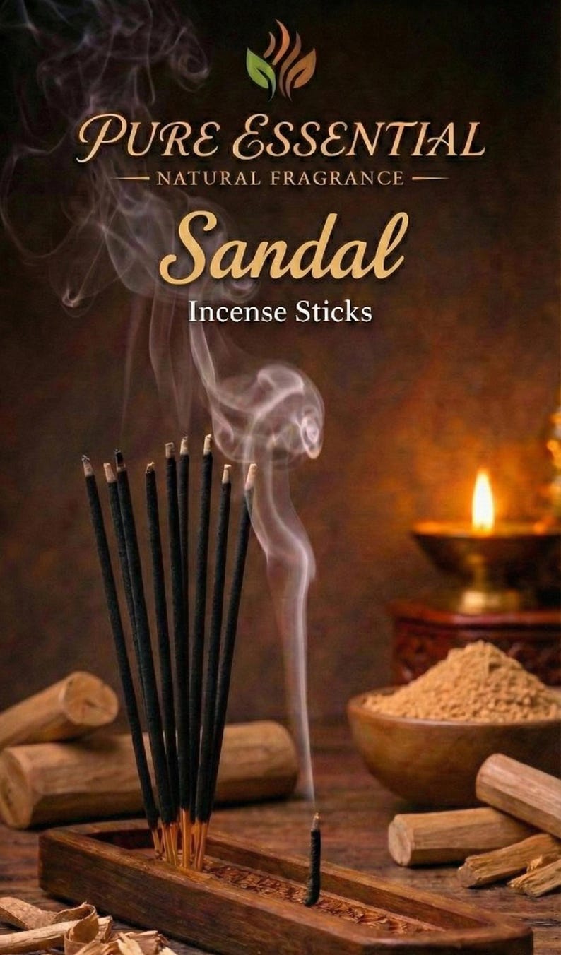 Op de afbeelding: Afbeelding van sandelhout wierookstokjes met opstijgende rook. De tekst luidt "PURE ESSENTIAL - NATURAL FRAGRANCE - Sandal Incense Sticks". De stokjes staan in een houten houder, met een brandende kaars en een kom met poeder op de achtergrond.