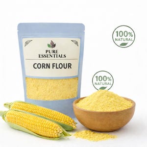 May include: A light blue pouch of corn flour with the text "Pure Essentials Corn Flour" and two ears of corn. A wooden bowl filled with corn flour and a "100% Natural" label are also visible.