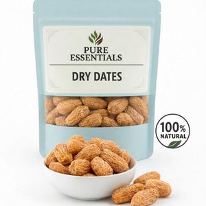 May include: A light blue pouch of dry dates with the text "PURE ESSENTIALS DRY DATES". A white bowl filled with dates sits in front of the pouch, with a "100% NATURAL" sticker on the right.