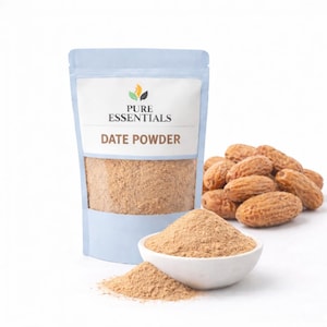 May include: A light blue pouch labeled "PURE ESSENTIALS DATE POWDER" filled with brown powder. A white bowl and a small pile also contain the powder. Several dates are arranged to the right.