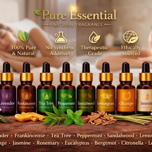 K&ouml;nnte beinhalten: Werbung f&uuml;r nat&uuml;rliche Duft&ouml;le von Pure Essential. Das Bild zeigt acht braune Glasflaschen mit goldenen Verschl&uuml;ssen, jede mit einem anderen Duft, wie Lavendel und Orange. Der Text lautet "100% Pure & Natural" und "Therapeutic Grade".