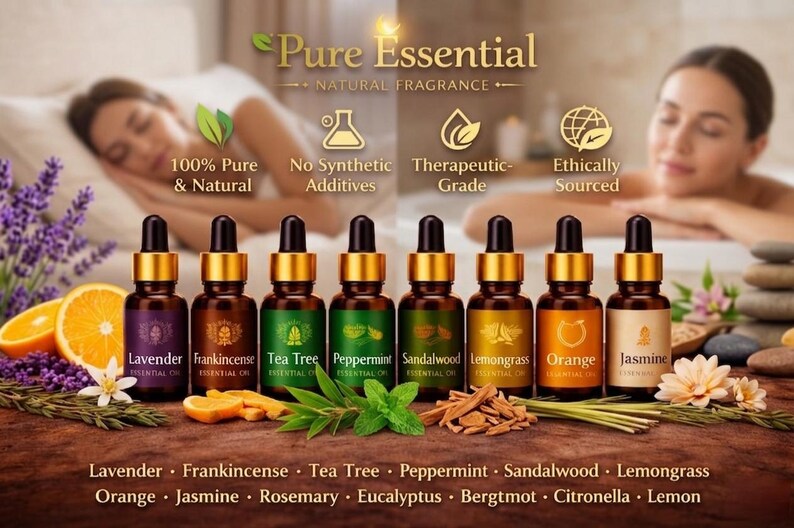 K&ouml;nnte beinhalten: Werbung f&uuml;r nat&uuml;rliche Duft&ouml;le von Pure Essential. Das Bild zeigt acht braune Glasflaschen mit goldenen Verschl&uuml;ssen, jede mit einem anderen Duft, wie Lavendel und Orange. Der Text lautet "100% Pure & Natural" und "Therapeutic Grade".