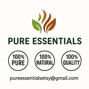 Puede incluir: Un logotipo con el texto "PURE ESSENTIALS" en verde oscuro, acompa&ntilde;ado de un dise&ntilde;o de hojas en verde, naranja y marr&oacute;n. Debajo hay tres insignias circulares que indican "100% PURE", "100% NATURAL" y "100% QUALITY". Tambi&eacute;n se incluye la direcci&oacute;n de correo electr&oacute;nico pureessentials@gmail.com.