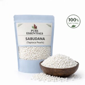 May include: A light blue bag of tapioca pearls labeled "Pure Essentials Sabudana (Tapioca Pearls)" with a wooden bowl filled with tapioca pearls and a "100% Natural" logo.