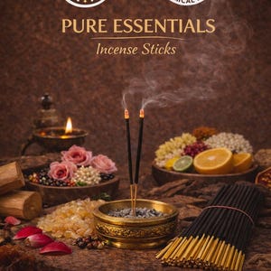 Op de afbeelding: Een afbeelding van wierookstokjes met de tekst "PURE ESSENTIALS Incense Sticks". De afbeelding toont brandende wierookstokjes in een decoratieve kom, met een bundel wierookstokjes, bloemen en fruit. De afbeelding bevat ook de tekst "100% NATURAL", "ALCOHOL FREE 0% CHEMICAL FREE", "All Natural", "Long-Lasting Aroma" en "No Charcoal".