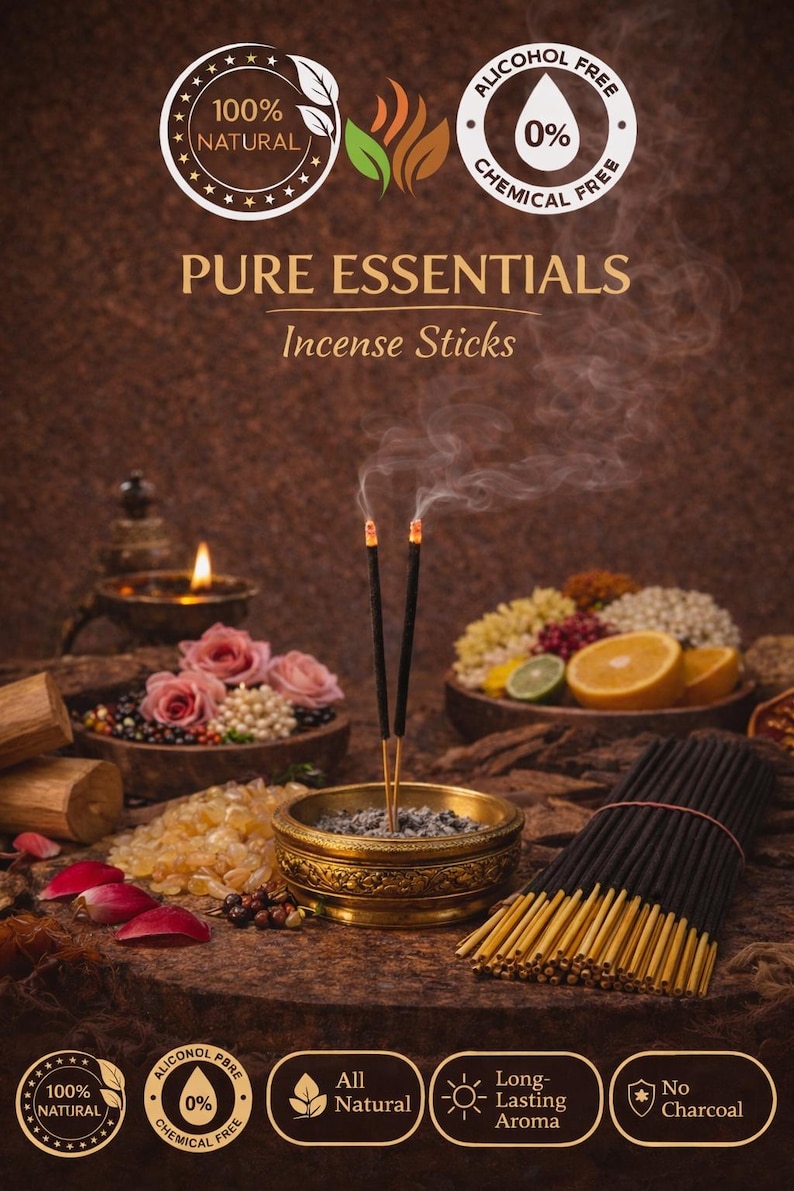 Op de afbeelding: Een afbeelding van wierookstokjes met de tekst "PURE ESSENTIALS Incense Sticks". De afbeelding toont brandende wierookstokjes in een decoratieve kom, met een bundel wierookstokjes, bloemen en fruit. De afbeelding bevat ook de tekst "100% NATURAL", "ALCOHOL FREE 0% CHEMICAL FREE", "All Natural", "Long-Lasting Aroma" en "No Charcoal".