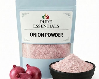May include: A light blue pouch labeled "PURE ESSENTIALS ONION POWDER" with a clear window showing pink onion powder. A black bowl filled with onion powder and three red onions are also in the image.