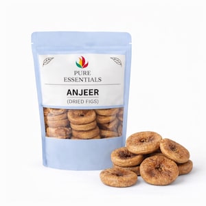 May include: A light blue bag of dried figs with the text "PURE ESSENTIALS ANJEER (DRIED FIGS)". The bag is partially transparent, revealing the figs inside. A small pile of figs sits next to the bag.
