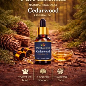 Pode incluir: Uma garrafa de vidro castanho de óleo essencial de cedro Pure Essential com tampa e conta-gotas dourados. A imagem inclui uma pequena tigela de vidro com óleo, pinhas e texto que indica que o óleo acalma a mente, ancora as emoções e apoia o foco.