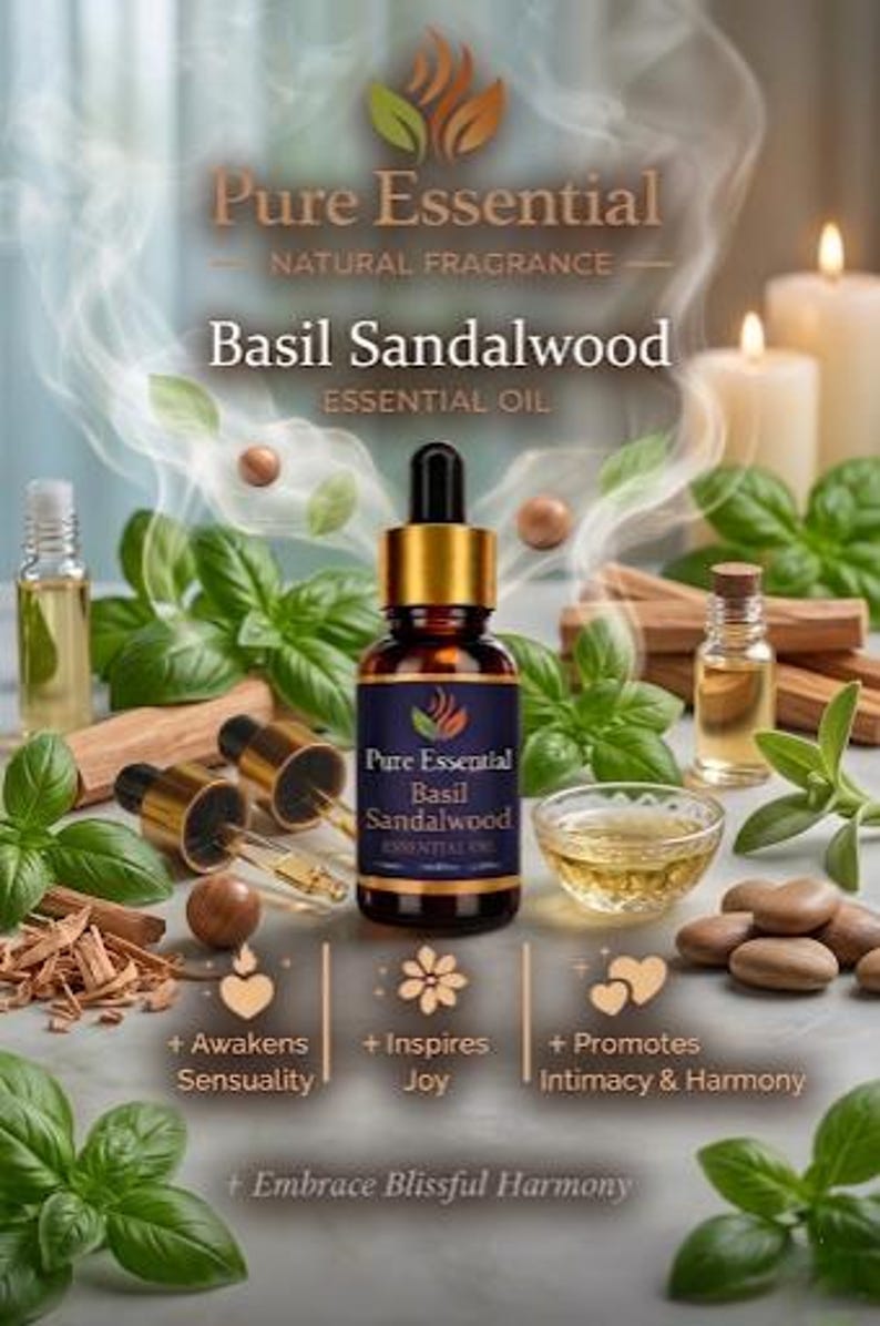 K&ouml;nnte beinhalten: Werbefoto f&uuml;r Pure Essential Basilikum Sandelholz &auml;therisches &Ouml;l. Das Bild zeigt eine dunkelbraune Glasflasche mit goldener Pipette, umgeben von frischen Basilikumbl&auml;ttern, Holzst&auml;bchen und Kerzen. Auf der Flasche steht "Pure Essential Basil Sandalwood Essential Oil."