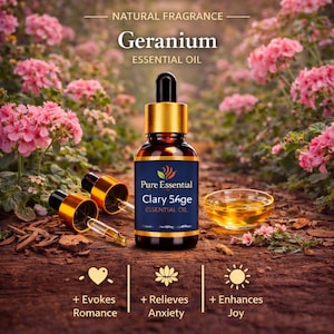 Puede incluir: Una botella de vidrio marrón de aceite esencial Pure Essential Clary Sage con un cuentagotas dorado, junto con dos cuentagotas y un pequeño cuenco de aceite. La imagen incluye texto que dice "Evoca romance", "Alivia la ansiedad" y "Mejora la alegría".