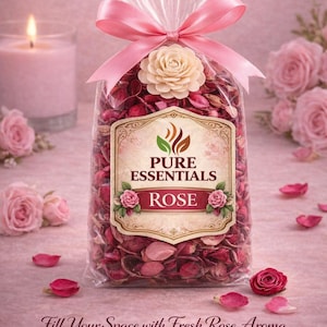 Pode incluir: Um saco de plástico transparente cheio de potpourri de rosas secas, atado com uma fita de cetim rosa e rematado com uma flor de cor creme. O rótulo diz PURE ESSENTIALS ROSE. Abaixo, o texto diz Fill Your Space with Fresh Rose Aroma.