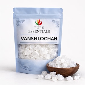 May include: A light blue pouch labelled "PURE ESSENTIALS VANSHLOCHAN" with a clear window showing white, crystalline pieces. A small wooden bowl filled with similar crystals is next to the pouch. The product is likely a natural health supplement.