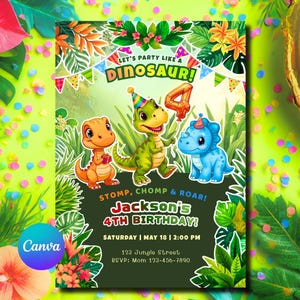 Dinosaur 4th Birthday Invitation Jungle Party Canva Editable 5x7